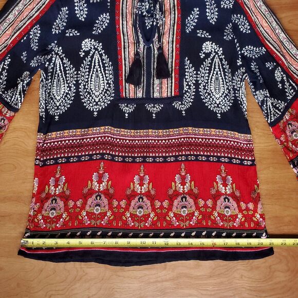 BILA Tunic Top Womens M Blue Red Floral Boho Peasant 3/4 Sleeve Tassel Paisley - Picture 12 of 14